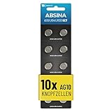 ABSINA AG10 LR1130 Knopfzelle 10er Pack - 1,5V Alkaline Knopfzellen auslaufsicher & mit...